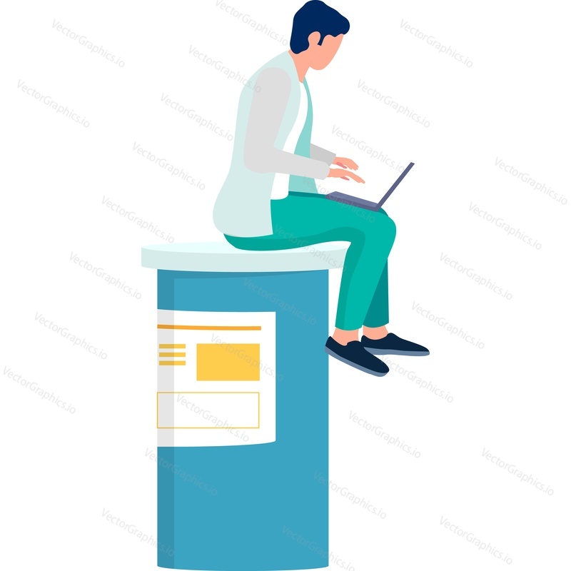 Tiny doctor working on laptop sitting on huge pills pack vector icon isolated on white background. Viral pandemic concept.