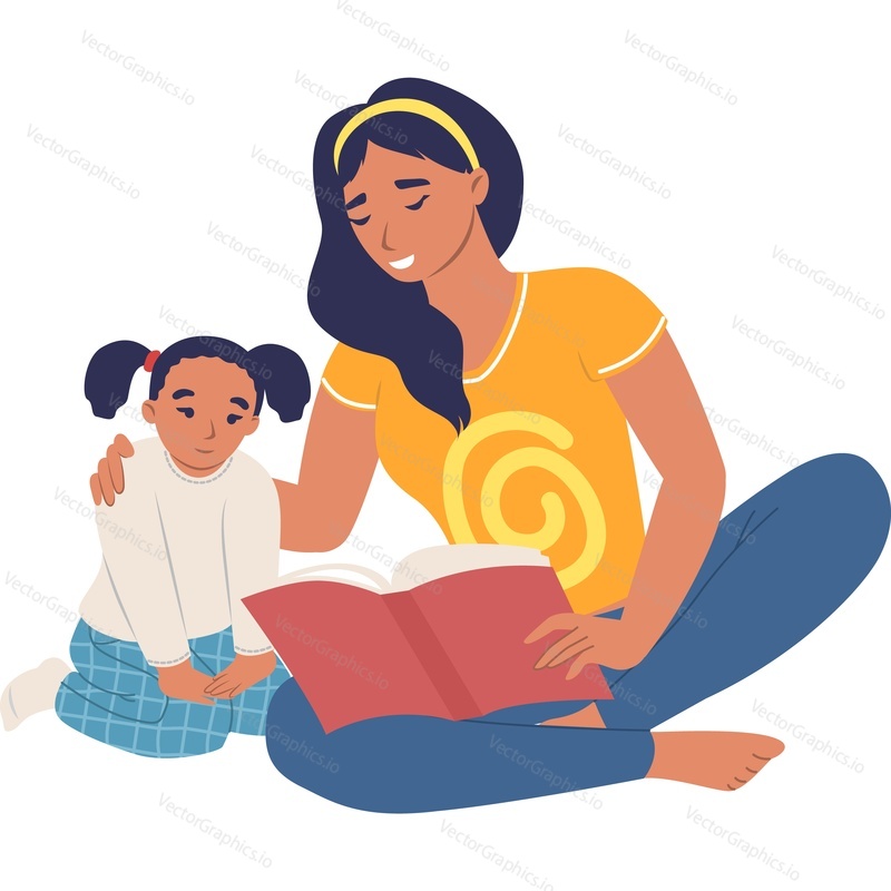 Мать читает дочери векторную иконку малыша-ребенка, изолированную на белом фоне