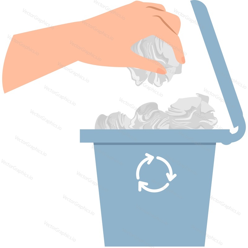 Hand throwing paper crumpled into trash can vector icon isolated on white background