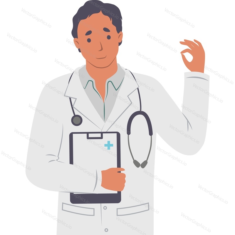 Doctor gesturing ok sign approving good diagnostics or treatment results vector icon isolated on white background