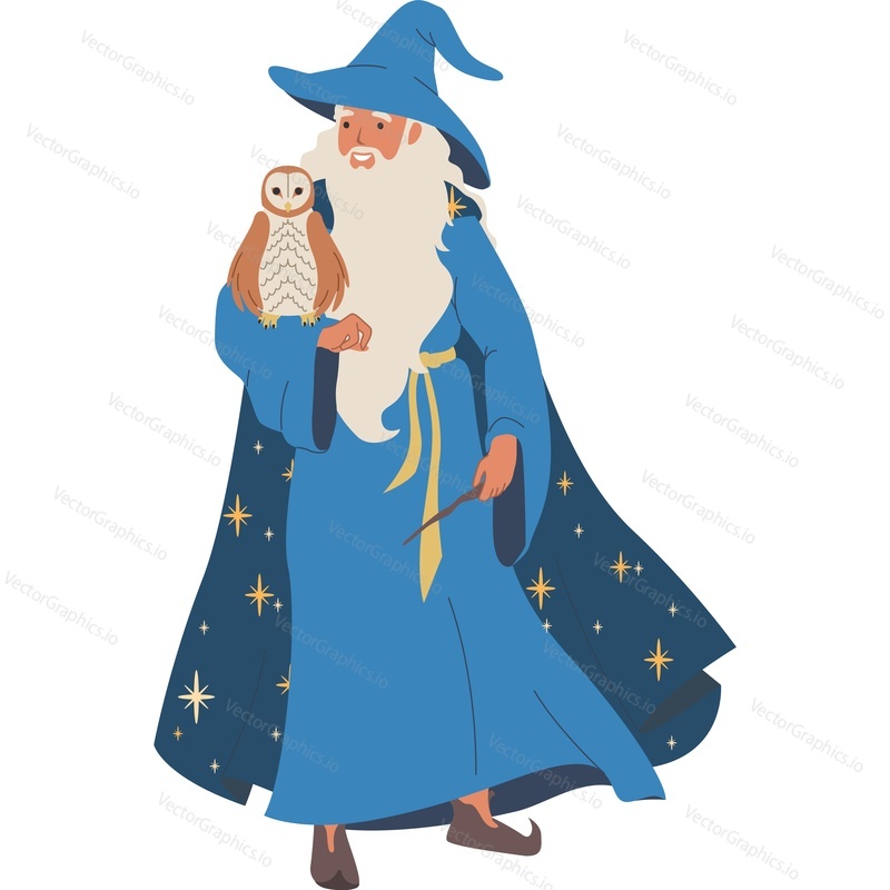 Wizard holding owl on his hand vector icon isolated on white background.