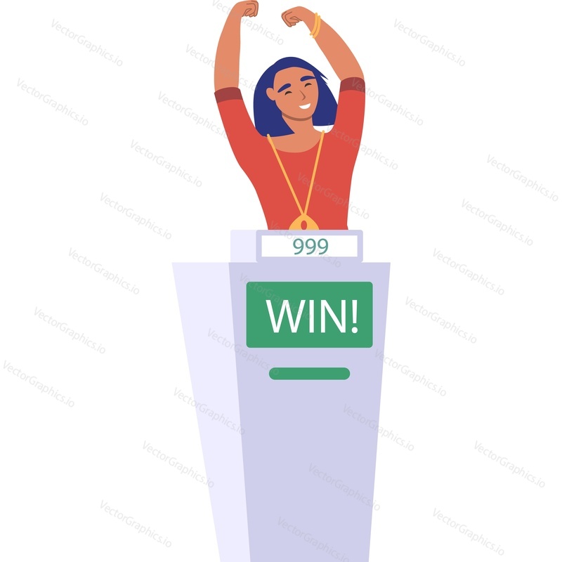 Happy woman winner of quiz show on tv vector icon isolated on white background.