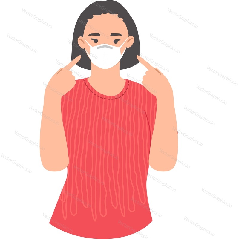 Woman pointing with finger on face in medical mask vector icon isolated on white background
