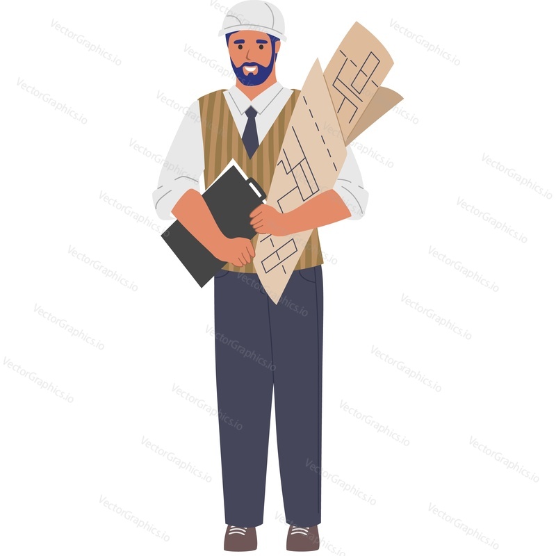 Chief architect holding lots of blueprints wearing helmet hardhat vector icon isolated on white background.