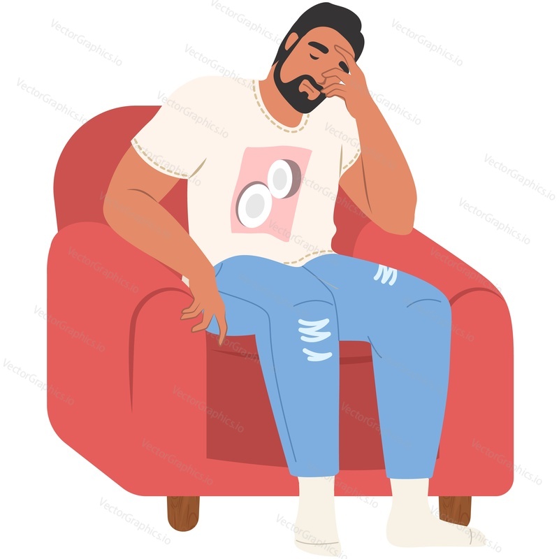 Stressed tired man sitting in armchair vector icon isolated on white background