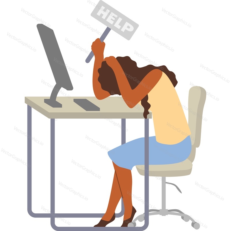 Молодая уставшая женщина-офисный работник, персонаж, просящий о помощи, векторный значок, изолированный на белом фоне.