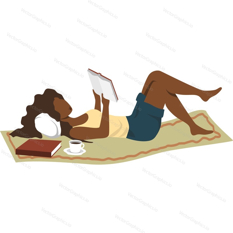 Woman character reading book lying on blanket vector icon isolated on white background.