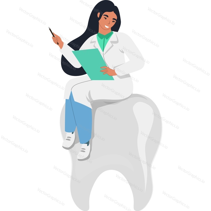Tiny doctor dentist sitting on white tooth vector icon isolated on white background