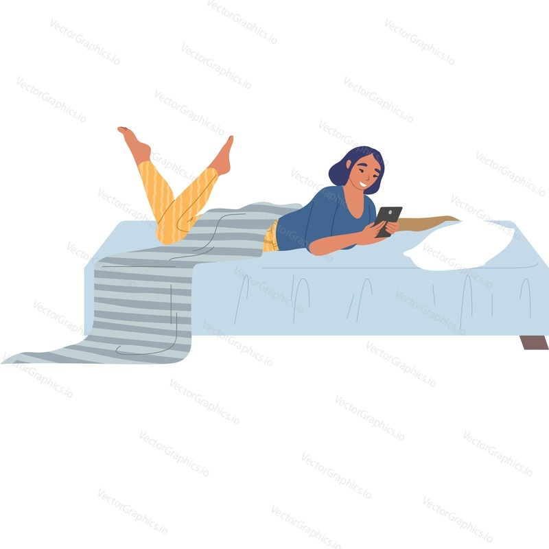 Молодая женщина просматривает Интернет с помощью мобильного планшета, лежа на кровати дома, векторный значок изолирован на белом фоне.