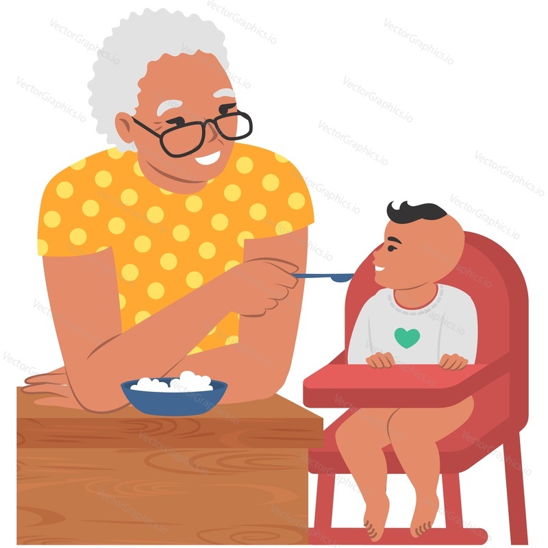 Бабушка кормит младенца-внука векторной иконкой, изолированной на белом фоне