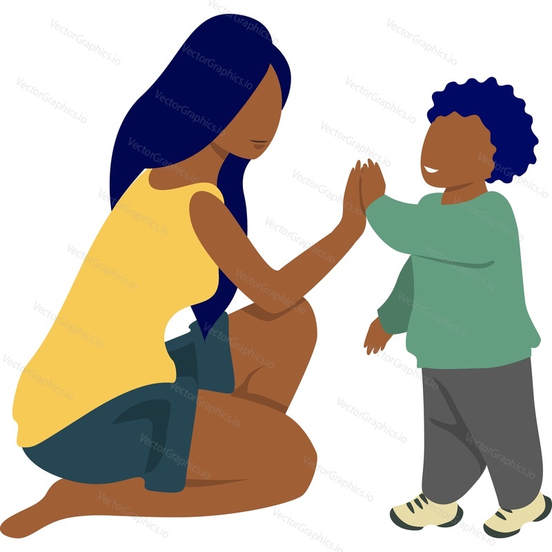 Mother and child characters giving high five vector icon isolated on white background.