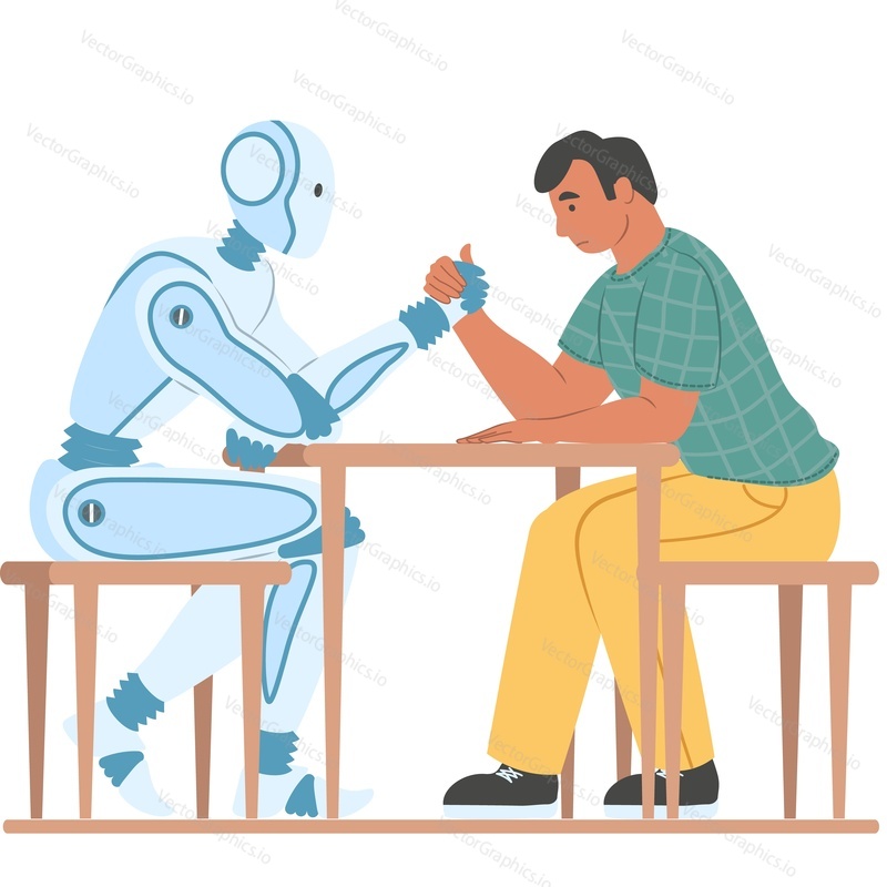 AI robot and businessman armwrestling vector icon isolated on white background