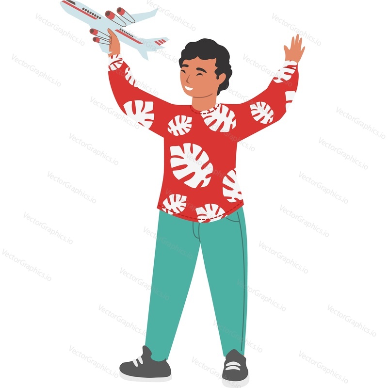 Boy child playing with toy plane vector icon isolated on white background