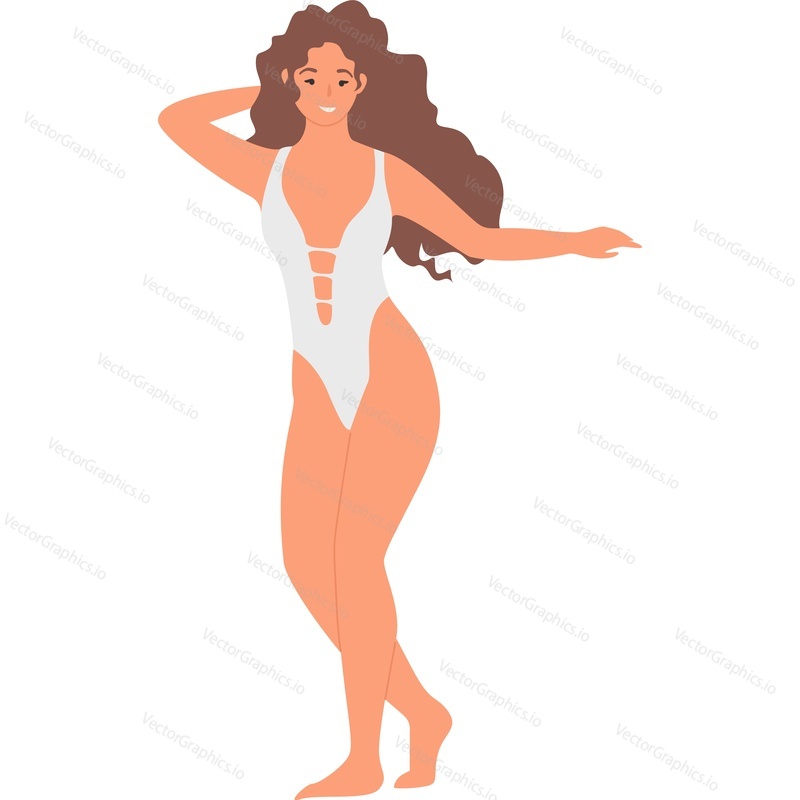Young girl wearing stylish swimsuit vector icon isolated on white background.