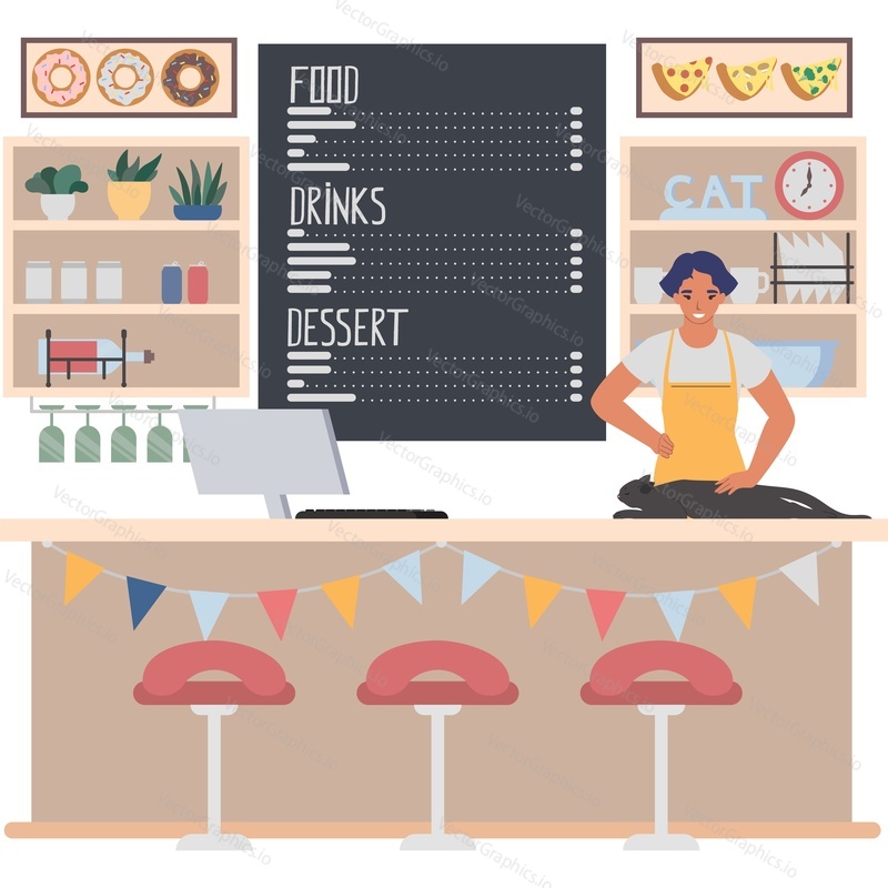Cat at fastfood cafe and saleswoman at desk counter vector icon isolated on white background.