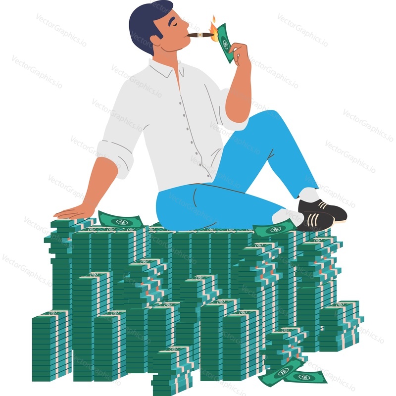 Fortune man sitting on stack of money and smoking vector icon isolated on white background
