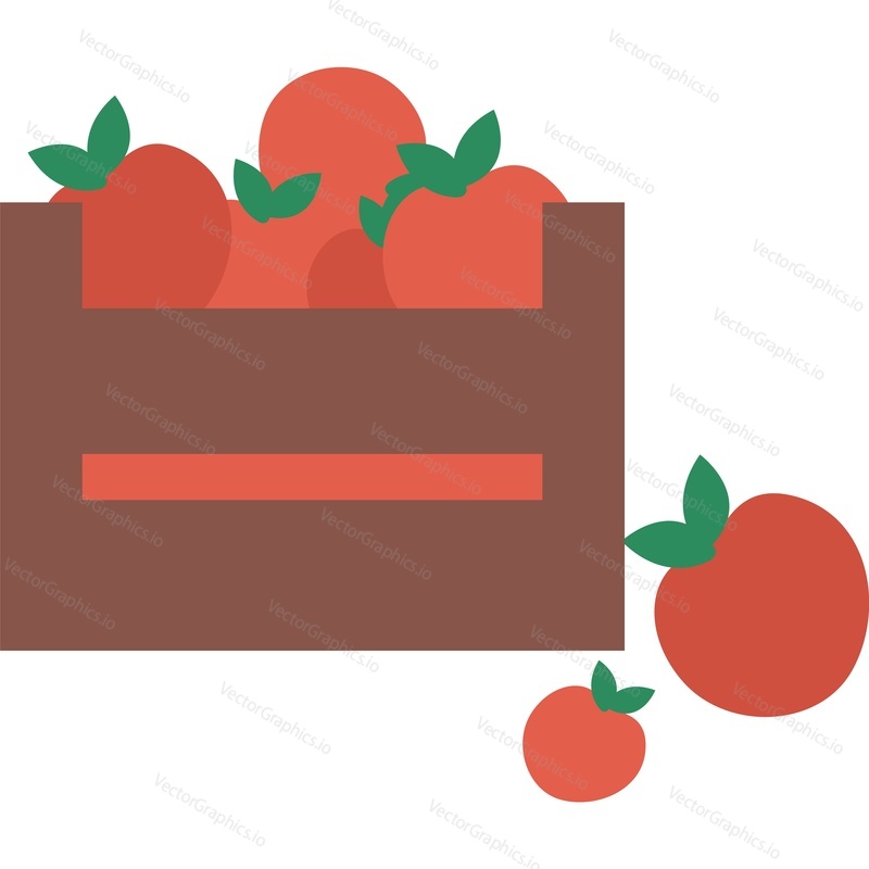 Деревянный ящик с кучей красных спелых яблок, векторный значок, изолированный на белом фоне.