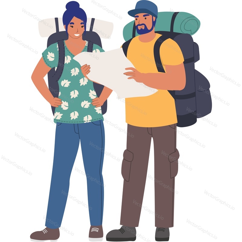 Couple traveler with paper map vector icon isolated on white background