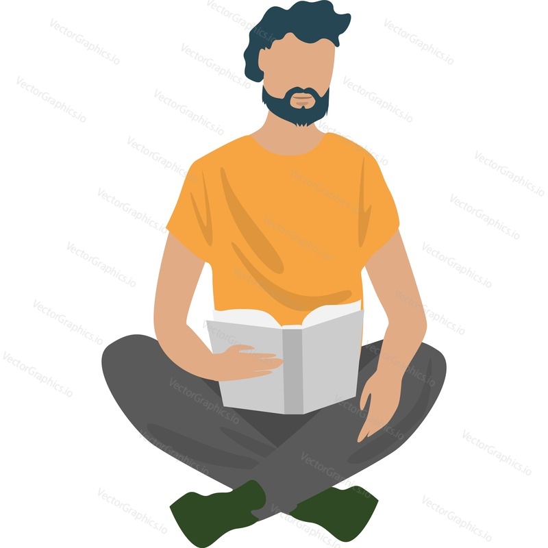 Hipster man character reading book sitting on floor vector icon isolated on white background.