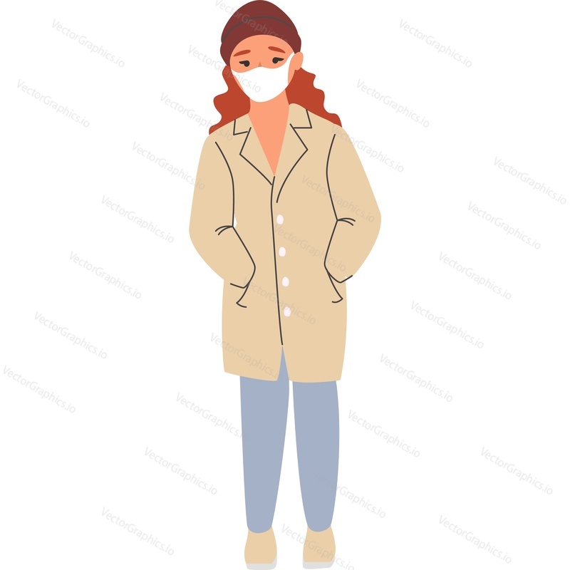 Молодая женщина в теплой осенней одежде и медицинской маске, идущая по векторному значку, изолированному на белом фоне. Концепция вирусной пандемии.
