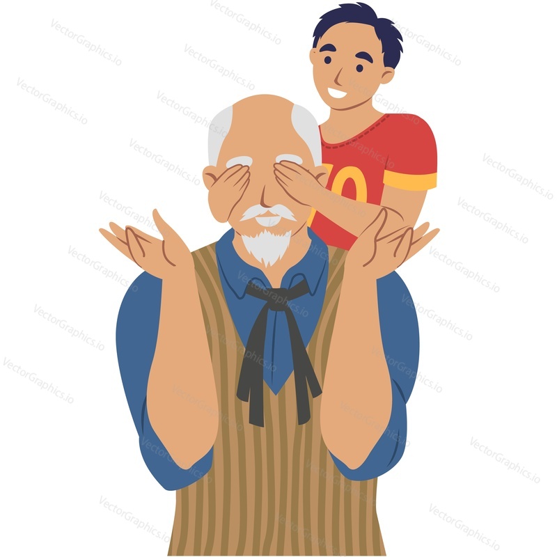 Grandson playing with granddad vector icon isolated on white background