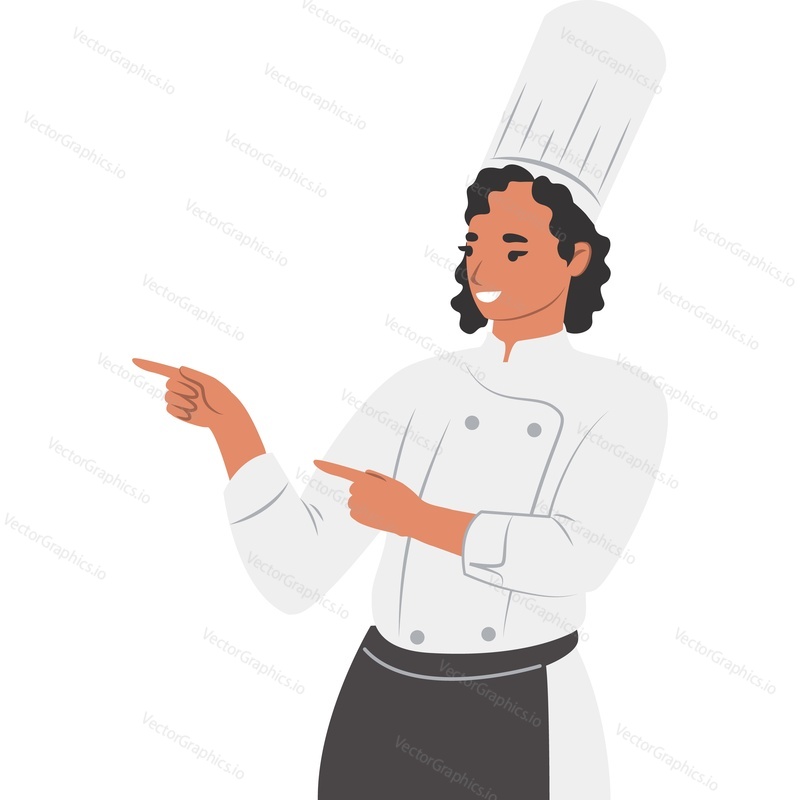 Женщина-шеф-повар указывает двумя руками в сторону, рекламируя что-то векторным значком, выделенным на белом фоне