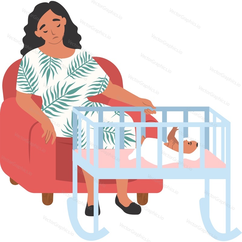 Tired exhausted mother sleeping nearby baby in bed vector icon isolated on white background