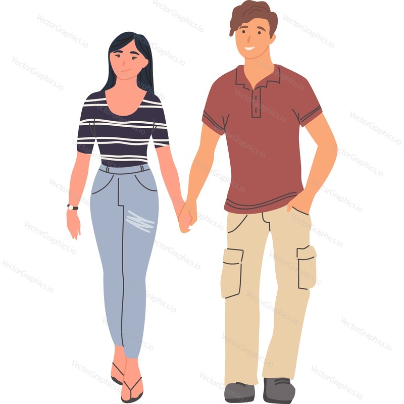Счастливая любящая пара, держась за руки, прогуливается вместе векторная иконка, изолированная на белом фоне.