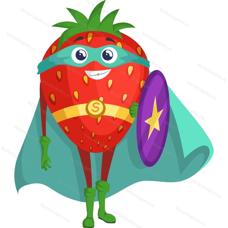 Strawberry superhero character vector icon isolated on white background.