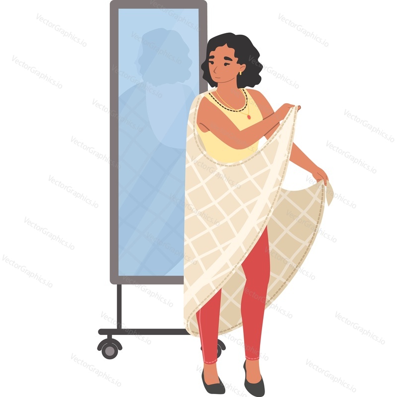 Женщина примеряет новую одежду перед зеркалом векторная иконка, изолированная на белом фоне