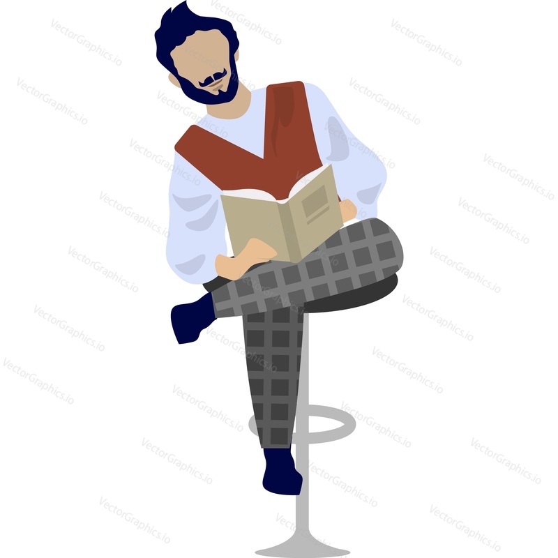 Gentleman character reading book sitting on stool vector icon isolated on white background.