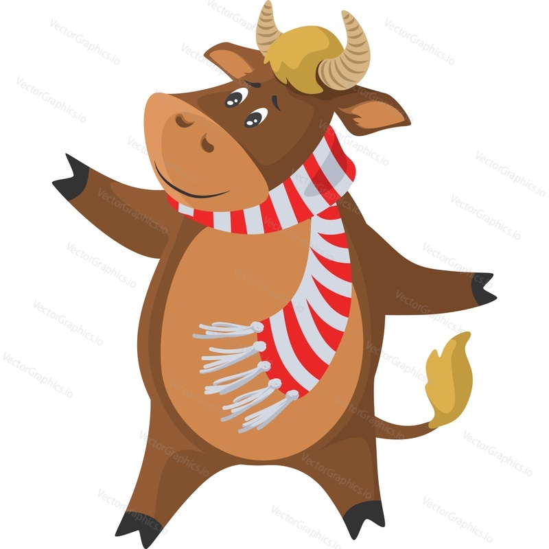 Рождественский персонаж-корова, одетый в теплый шарф, векторный значок, изолированный на белом фоне.