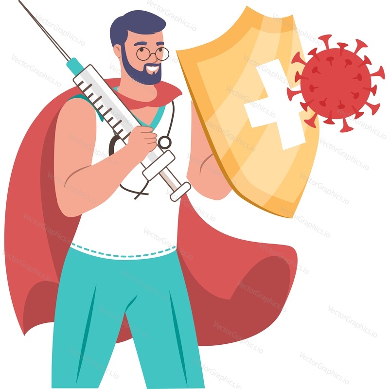 Doctor superhero fighting against virus vector icon isolated on white background