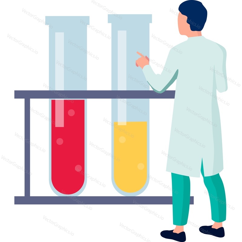 Tiny docotor doing reaserch with liquid in test tube vector icon isolated on white background. Viral pandemic concept.