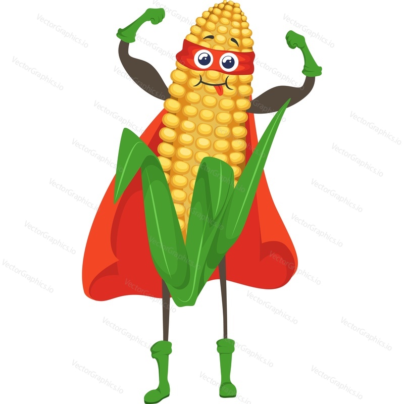 Векторный значок персонажа-супергероя кукурузы, изолированный на белом фоне.