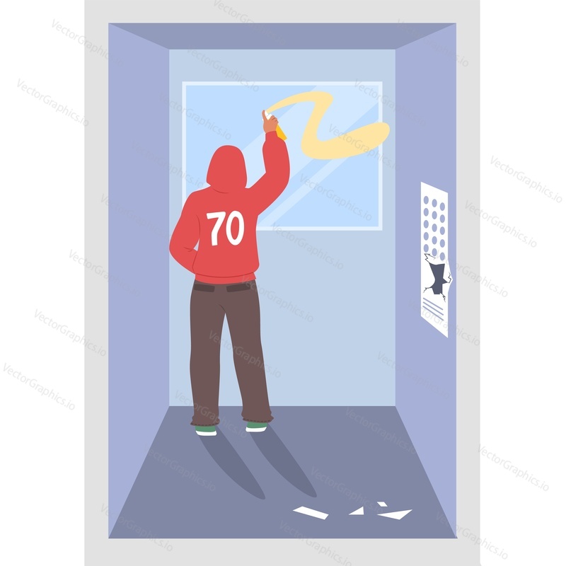 Подросток-вандал в лифте векторная иконка, изолированная на белом фоне