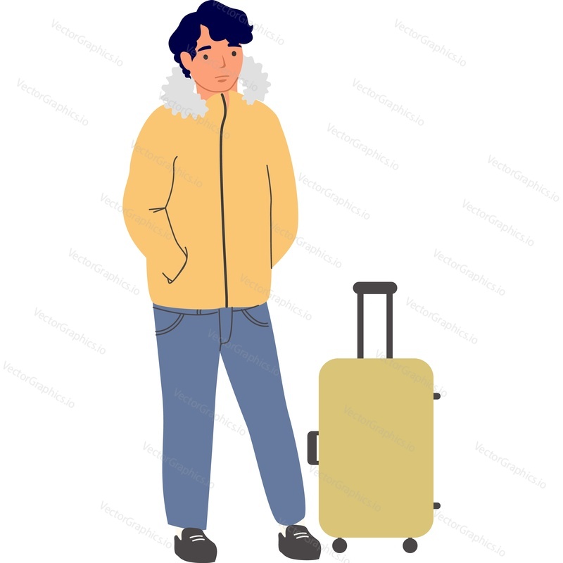 Traveler man with suitcase vector icon isolated on white background. Viral pandemic concept.