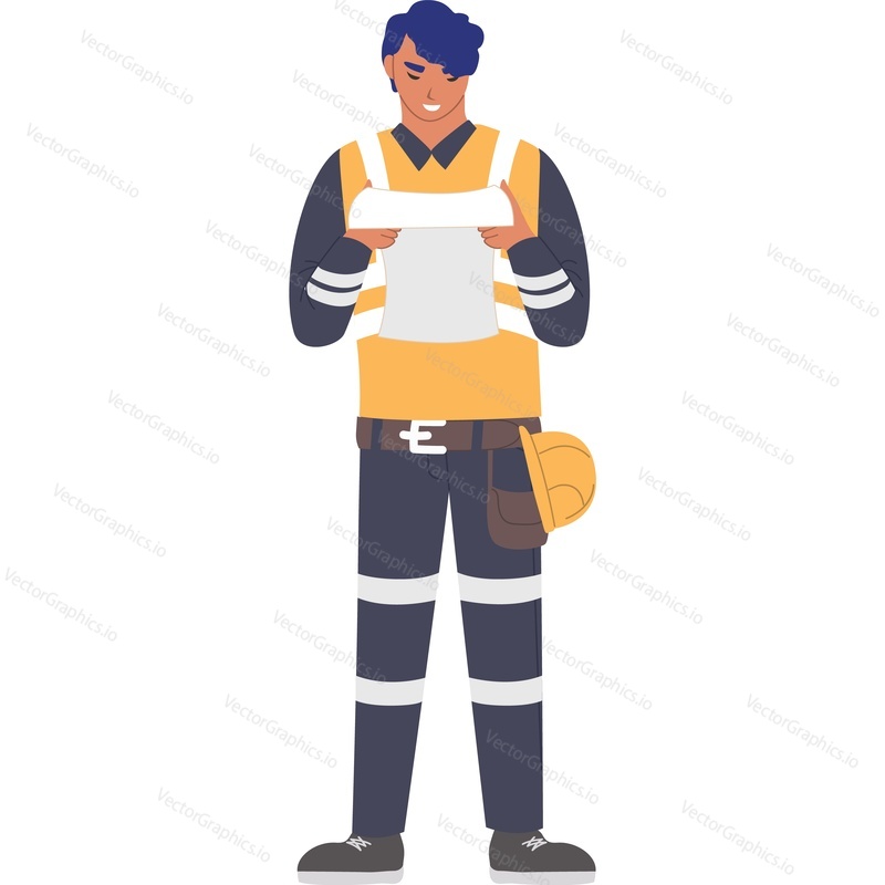 Builder reading blueprint vector icon isolated on white background.