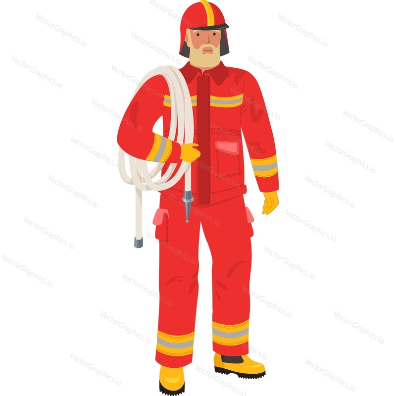 Firefighter in suit with extinguish hose vector icon isolated on white background