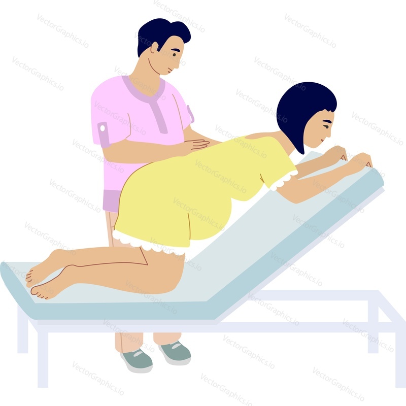 Pregnant woman on hospital couch in child birth position vector icon isolated on white background.