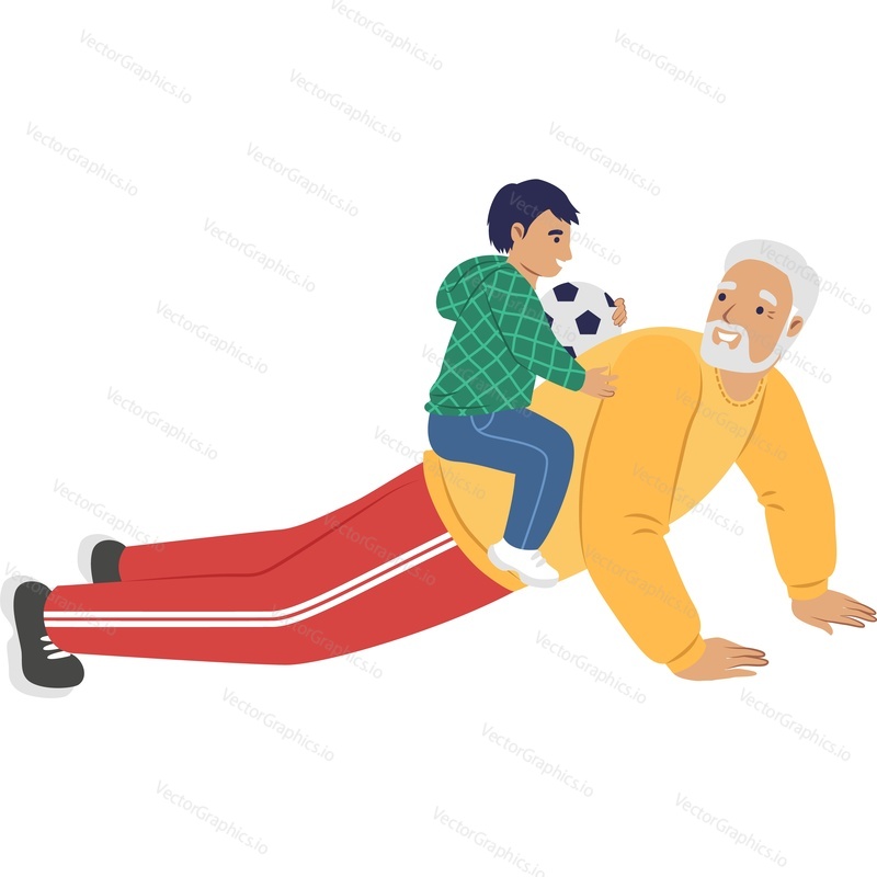 Granddad and grandson doing sport playing together vector icon isolated on white background