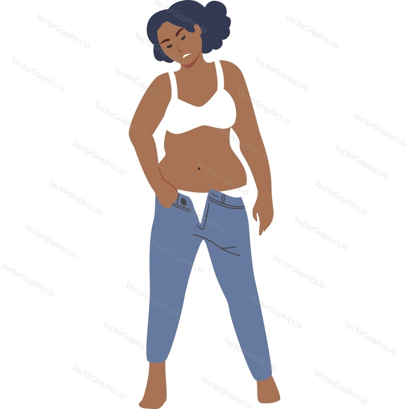 Frustrated overweight woman can not put on jeans vector icon isolated on white background. Weight loss concept.