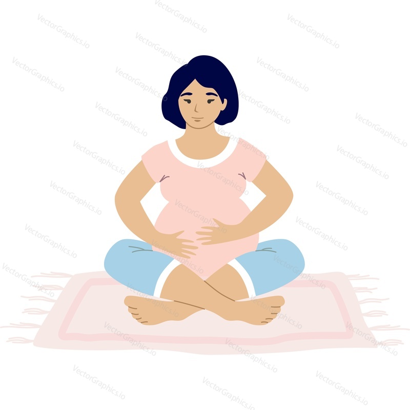 Pregnant woman sitting in lotus pose and breathing vector icon isolated on white background.