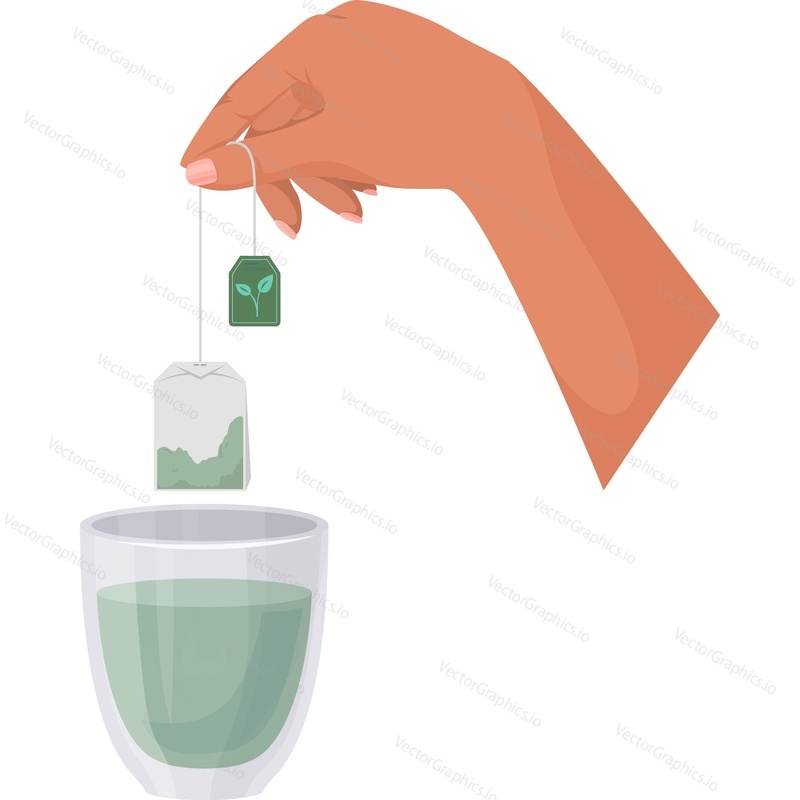 Руки, держащие пакетик чая для заваривания зеленого ароматного напитка, векторный значок, изолированный на белом фоне
