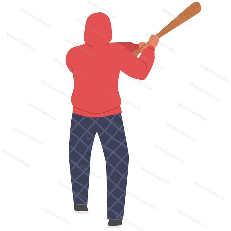 Teenager vandal attacking with wooden bat back view vector icon isolated on white background