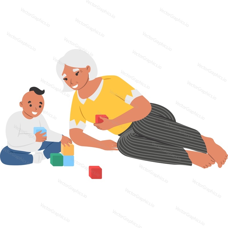 Бабушка играет с маленьким внуком векторная иконка, изолированная на белом фоне