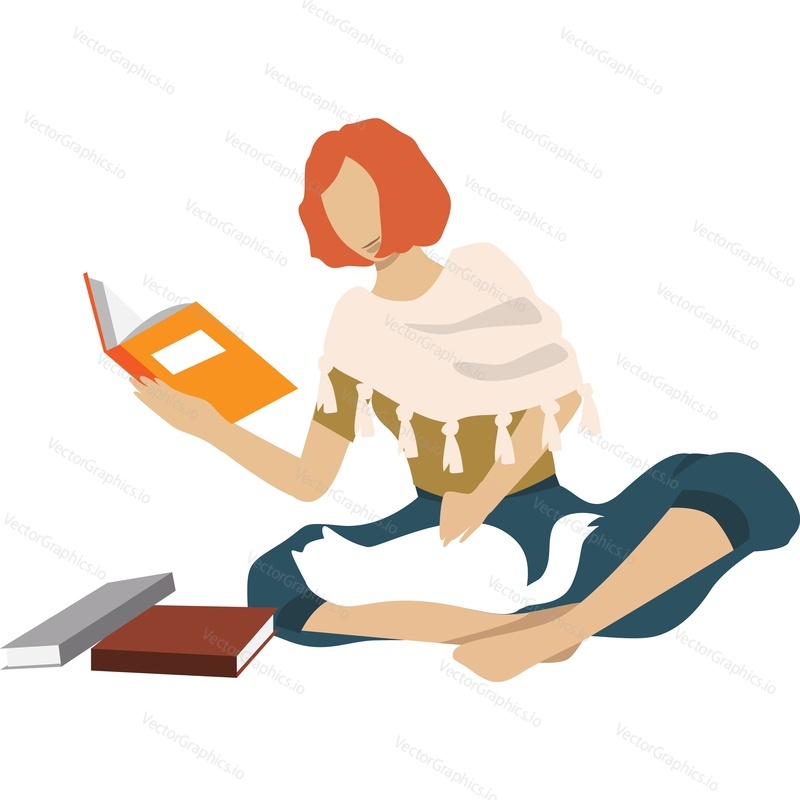 Woman character reading book and petting cat sitting on floor vector icon isolated on white background.