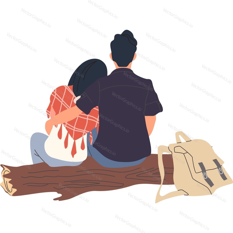 Loving couple sitting on log back view vector icon isolated on white background.