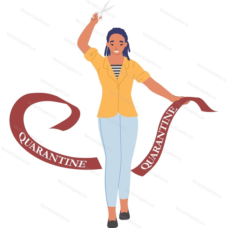 Happy woman celebrating end of quarantine vector icon isolated on white background.