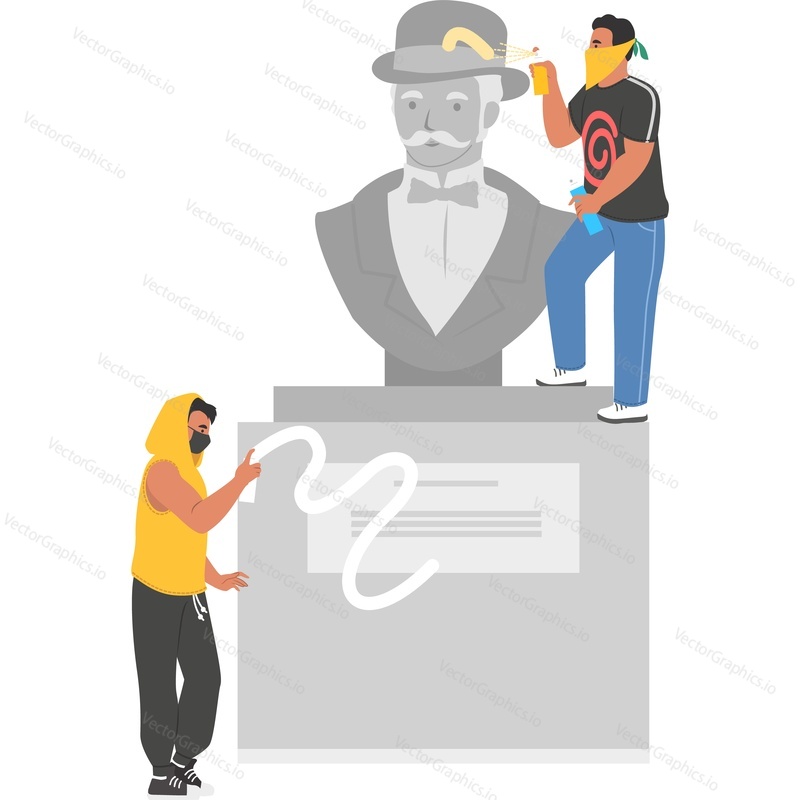 Teenager vandal group spoiling monument statue with graffiti vector icon isolated on white background